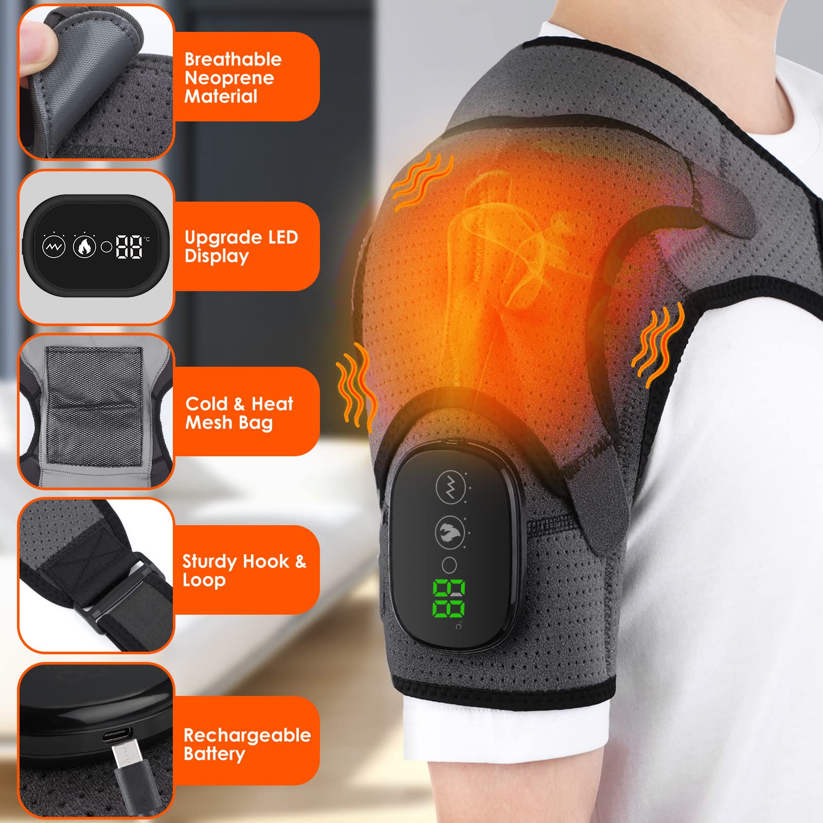 BINGONE heated shoulder wrap in action providing massage and heat