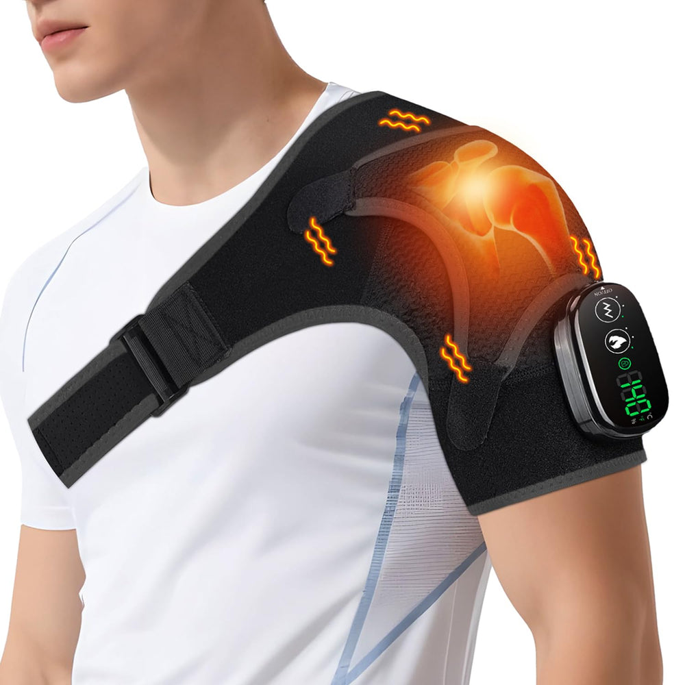 BINGONE cordless shoulder heating pad massager in use for mobility and warmth
