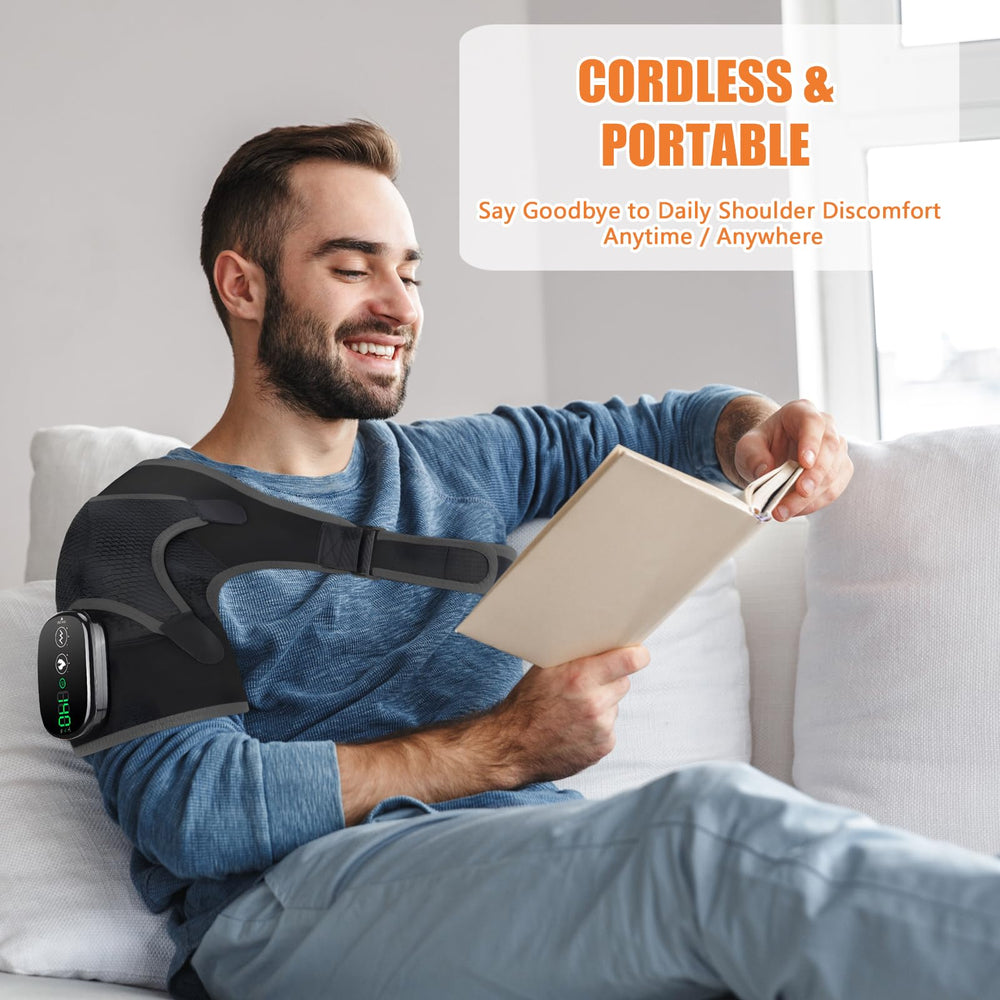 BINGONE heated shoulder pad demonstrating vibration modes and heat