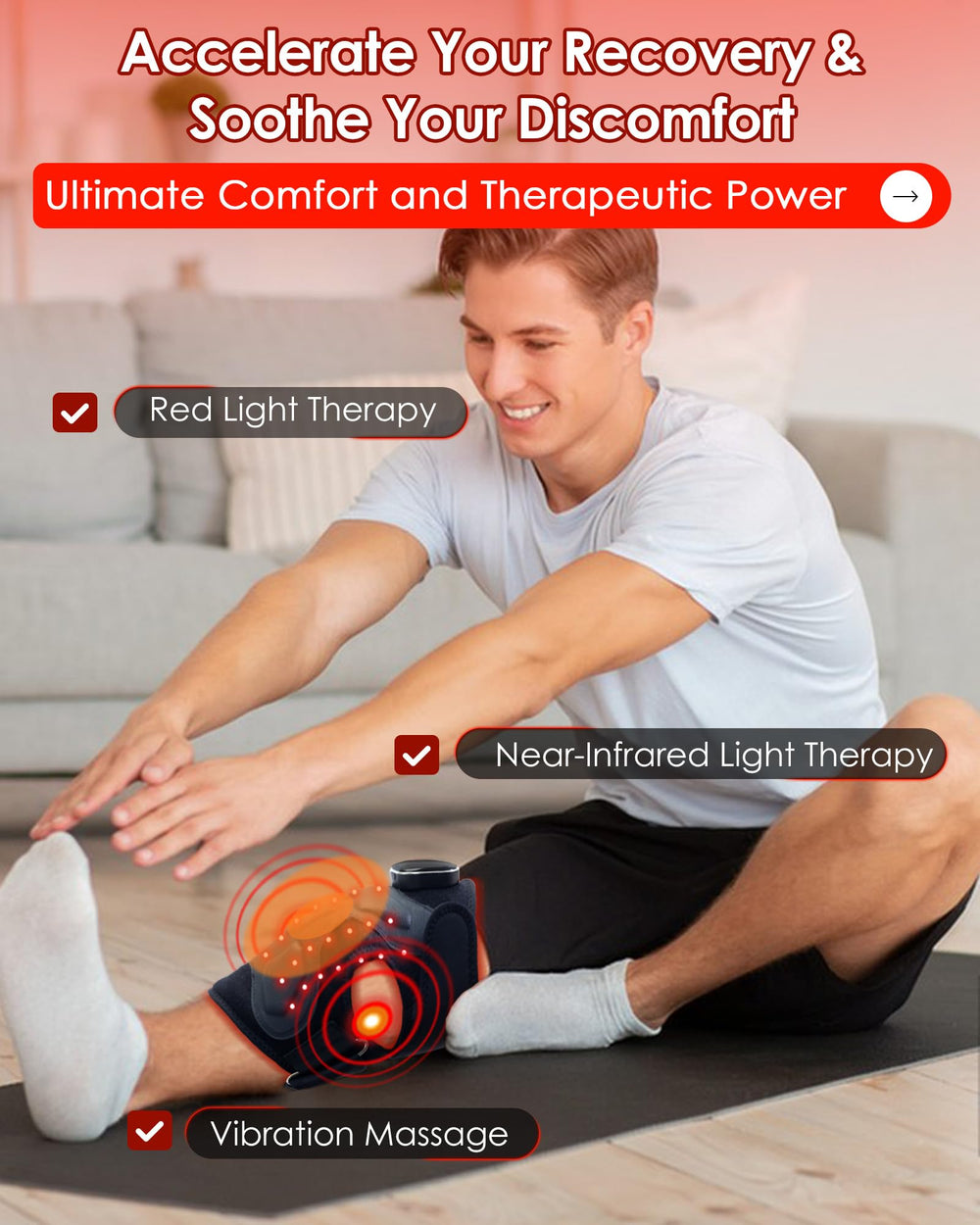 BINODIC red light knee brace side view with adjustable fit for pain relief.