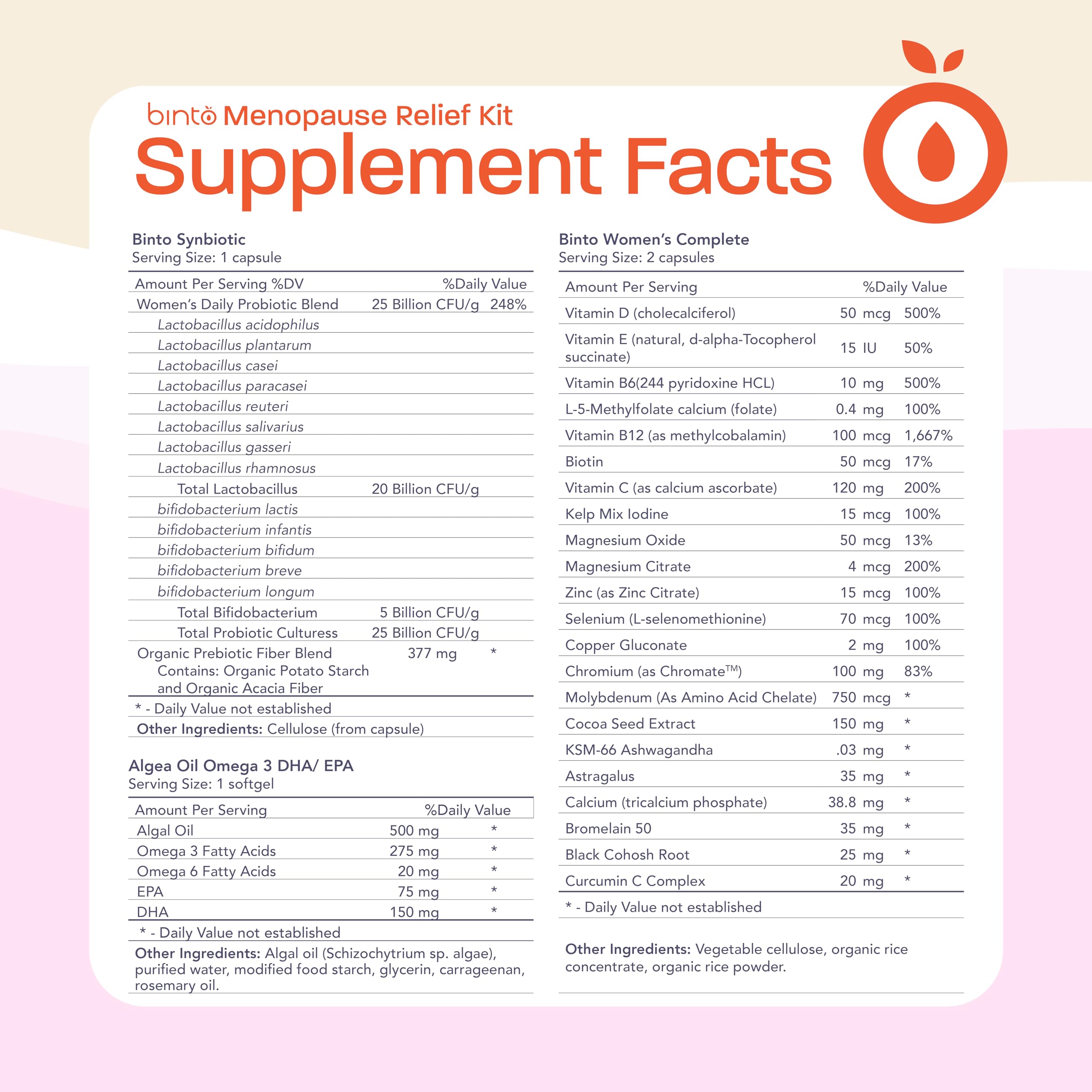 Binto omega-3 DHA algae oil capsule included with daily pack.