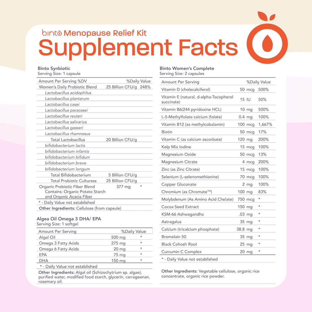 Binto omega-3 DHA algae oil capsule included with daily pack.