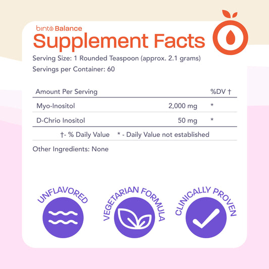 Binto Inositol powder with scoop shows 40:1 ratio for balance.
