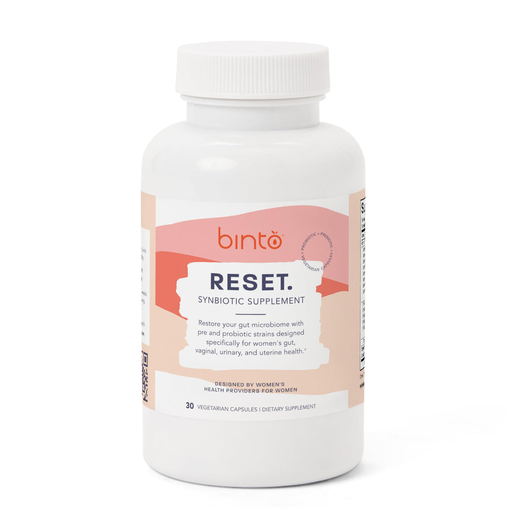 Binto Reset synbiotic bottle front with label promoting gut balance.