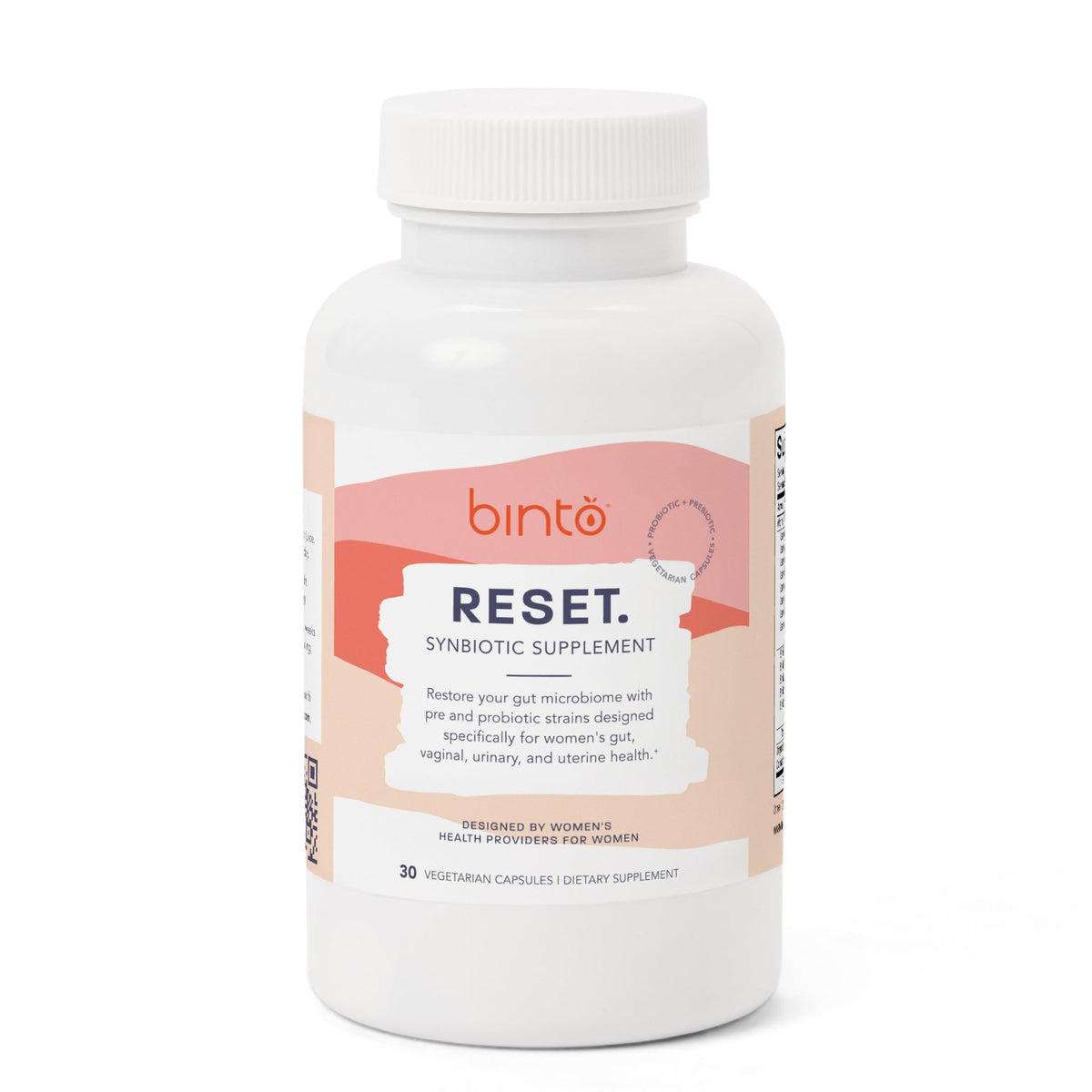 Binto Reset synbiotic bottle front with label promoting gut balance.