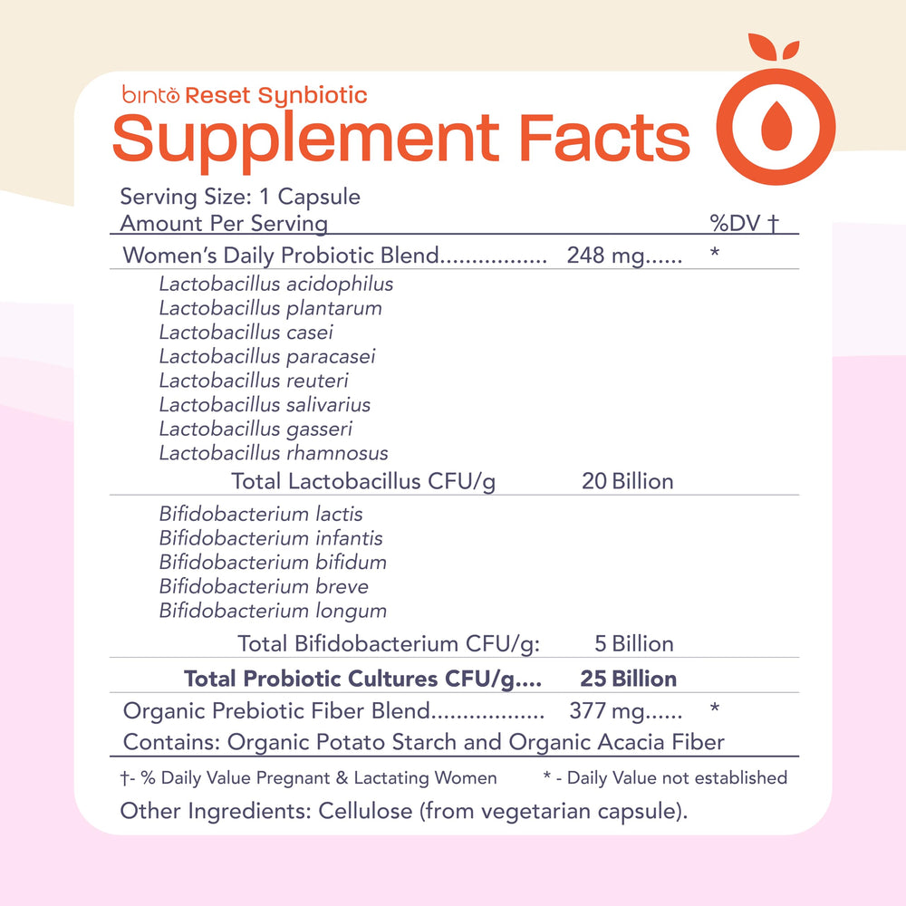 Binto Reset synbiotic capsules close-up for daily convenience.