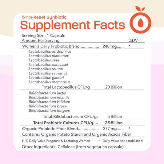 Binto Reset synbiotic capsules close-up for daily convenience.