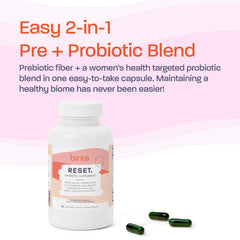 Binto Reset synbiotic packaging highlights science-backed formulation.