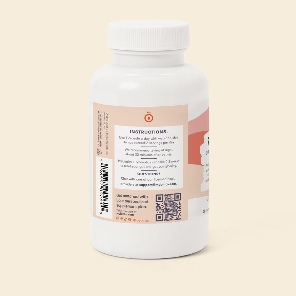 Binto Reset synbiotic label packaging showing gluten-free claim.