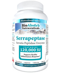 Bio Absorb Serrapeptase bottle close-up, highlighting high potency enzyme.