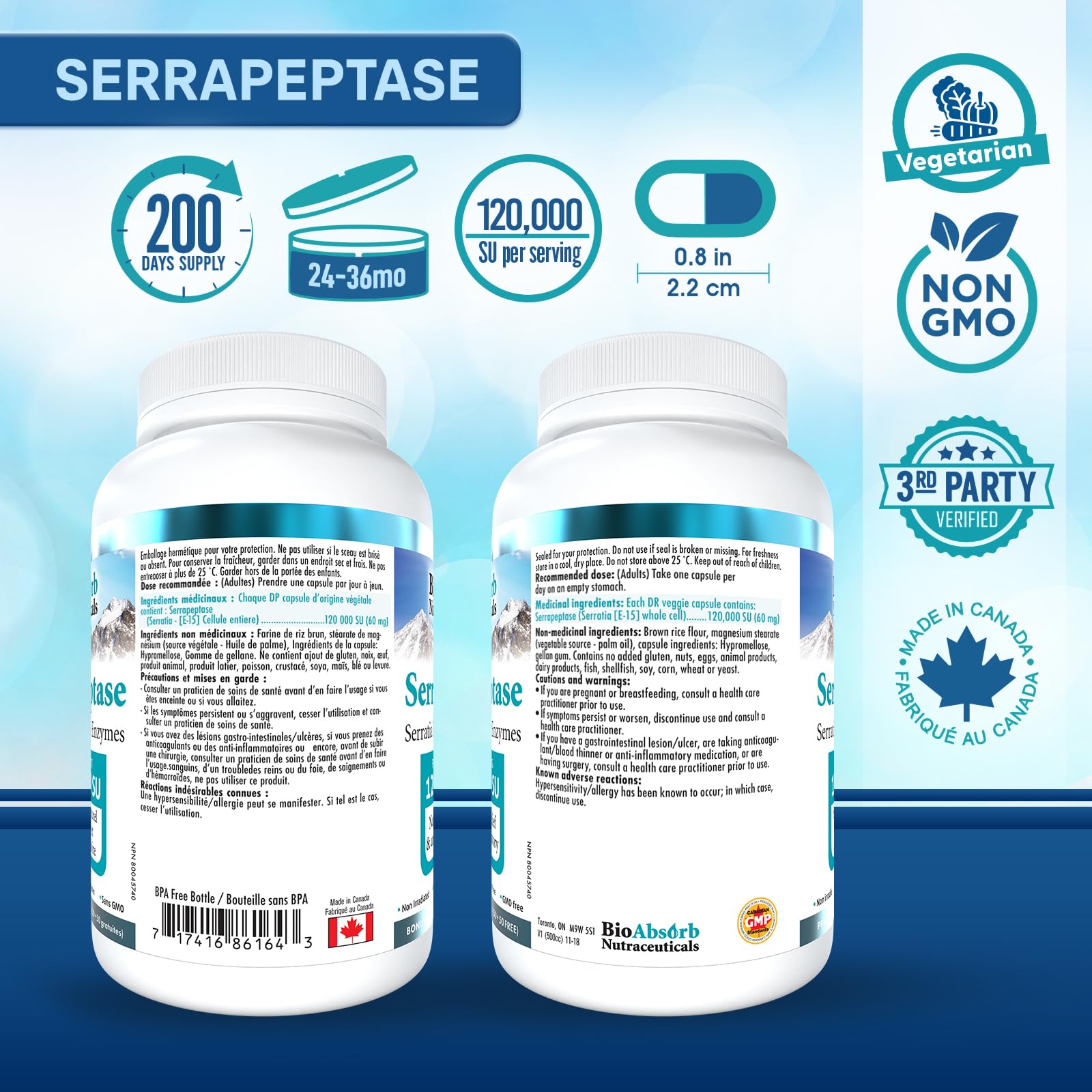 Bio Absorb Serrapeptase bottle pouring capsules for easy daily dosing.