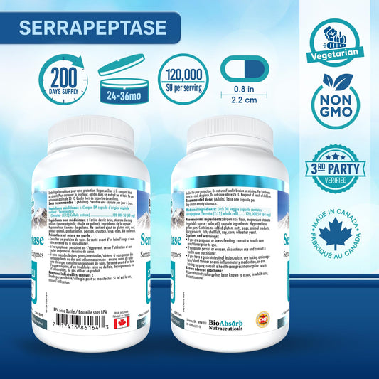 Bio Absorb Serrapeptase bottle pouring capsules for easy daily dosing.
