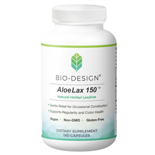 Bio-Design Aloe Lax 150 mg bottle front view for daily comfort.