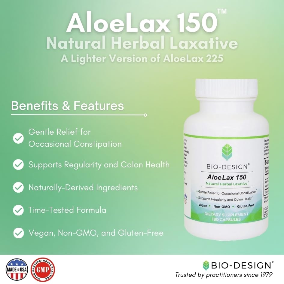 Bio-Design Aloe Lax 150 mg capsules close-up showing plant-based formula.