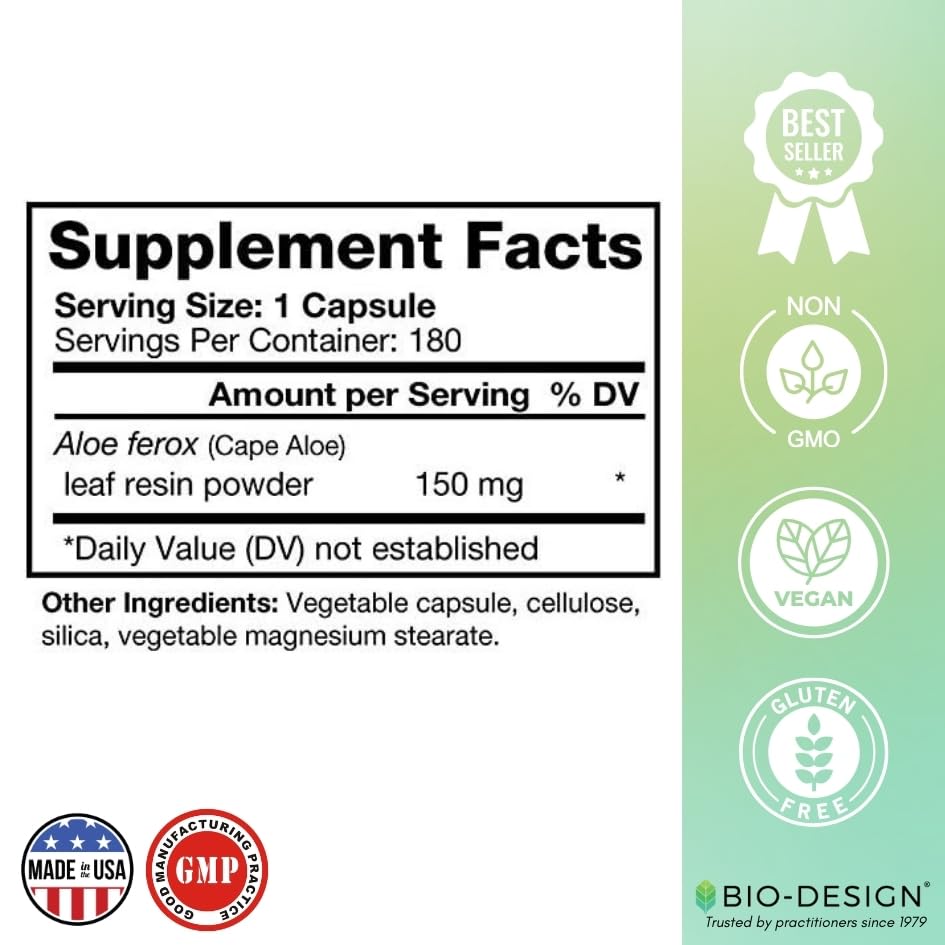Bio-Design Aloe Lax 150 mg label detail with dosage information.