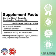 Bio-Design Aloe Lax 150 mg label detail with dosage information.
