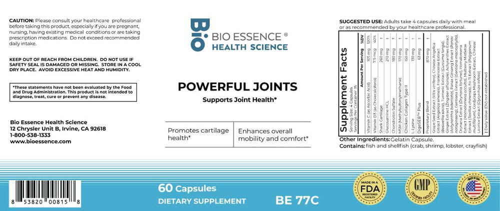 Bio Essence Health Science Powerful Joint Support capsules closeup showing easy-to-swallow format.