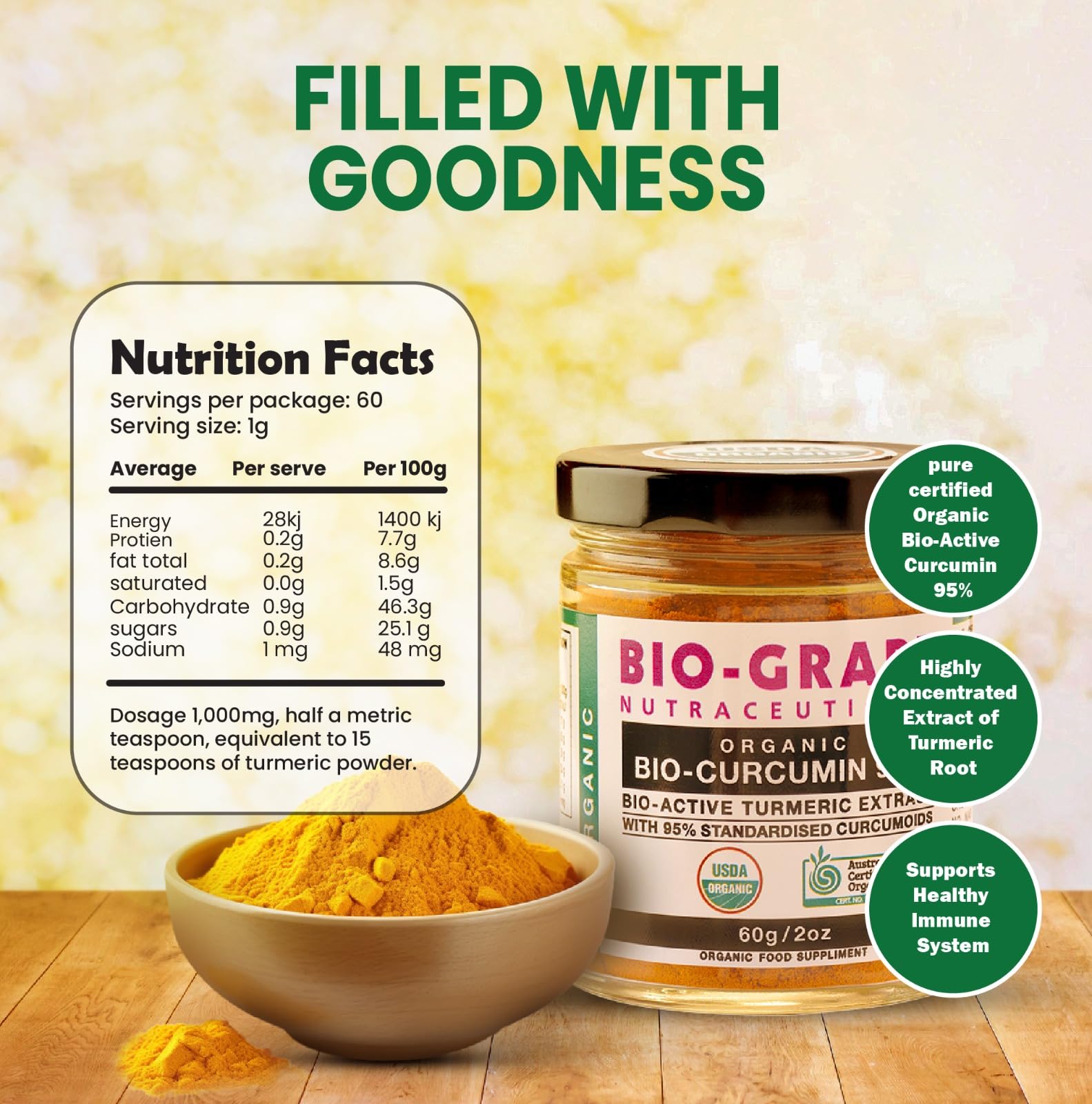BIO-GRAPE 95% curcuminoids powder with a compact scoop for easy dosing.