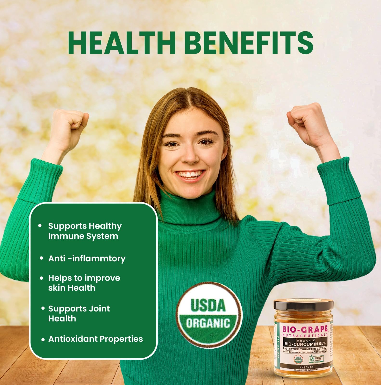 BIO-GRAPE curcumin powder dissolving in water illustrates easy mixability.