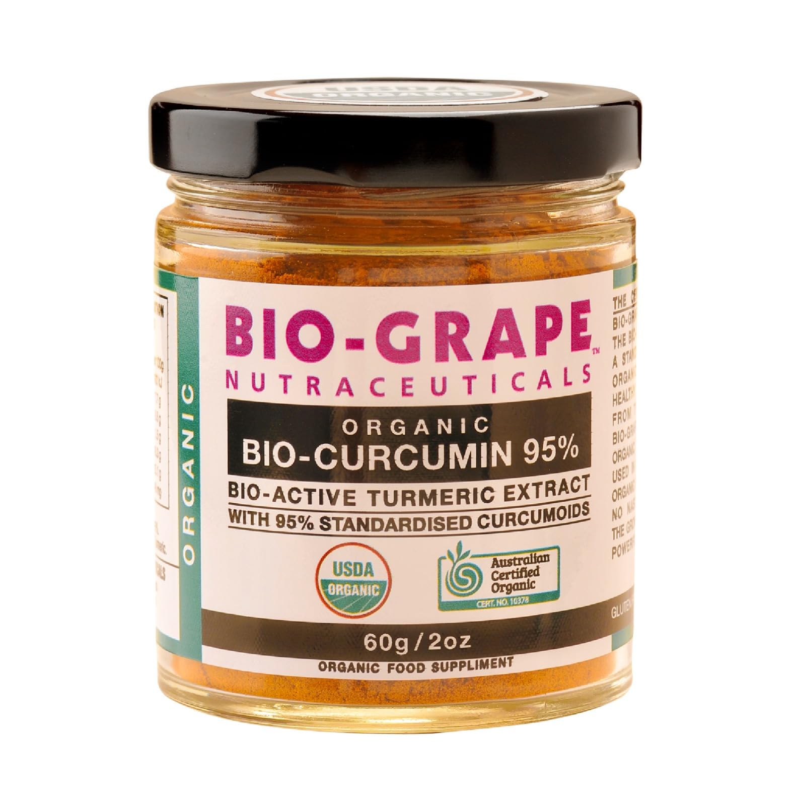 BIO-GRAPE turmeric curcumin bottle front shows organic, high-potency 95% curcuminoids for daily use.