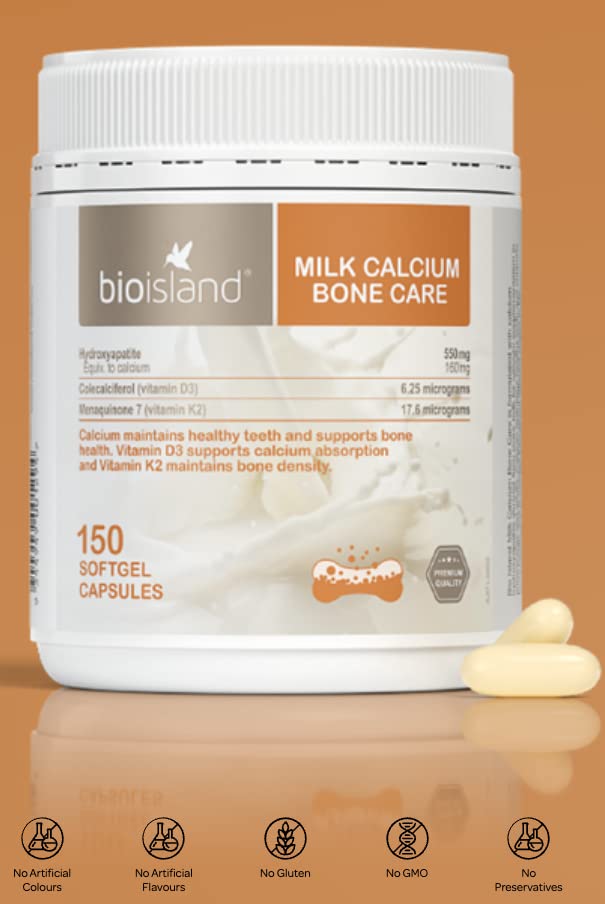 Bio Island Milk Calcium Bone Care pouring capsules into hand or cup.