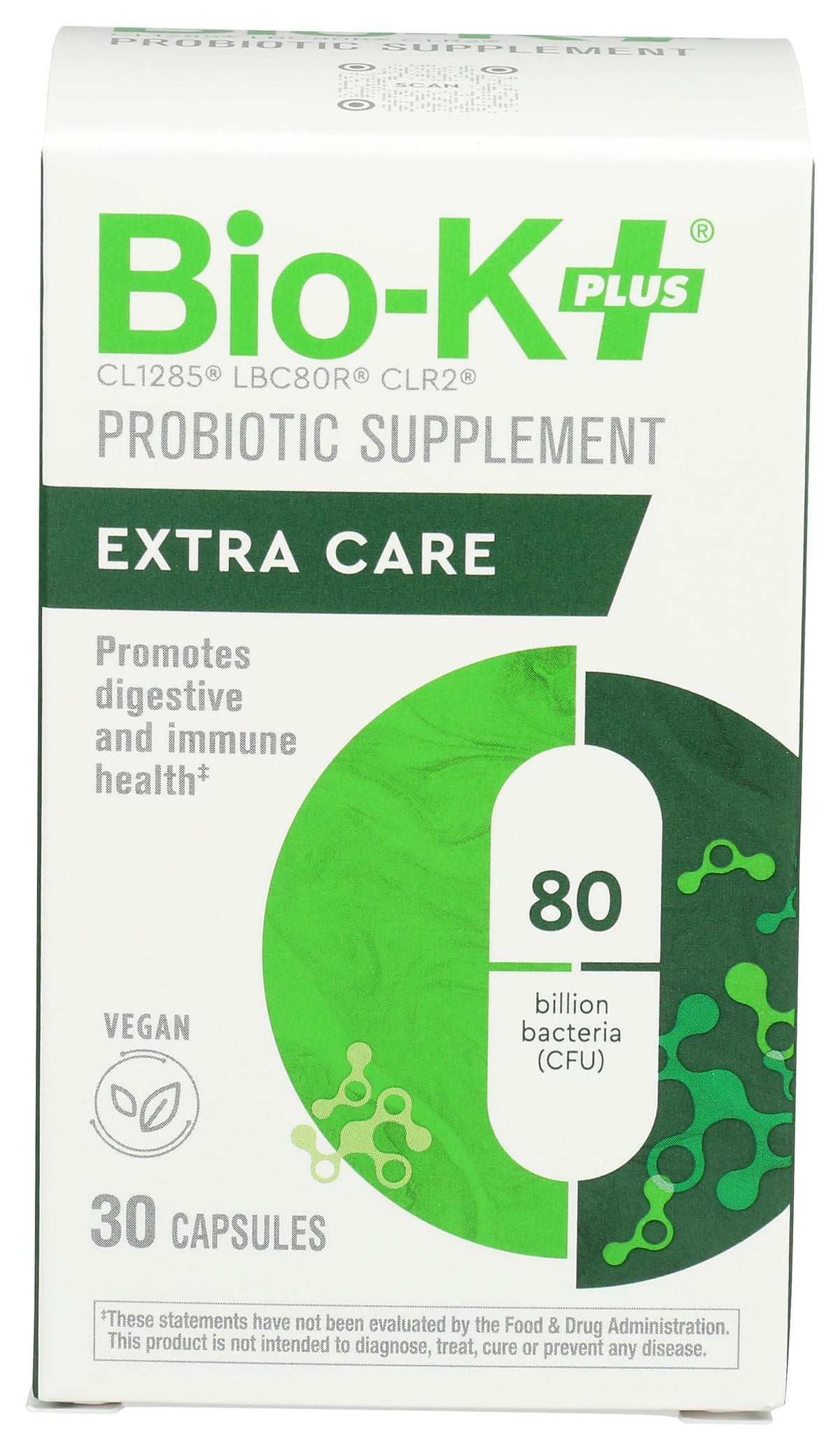Bio-K Plus 80B capsules bottle supports gut balance and immune health.