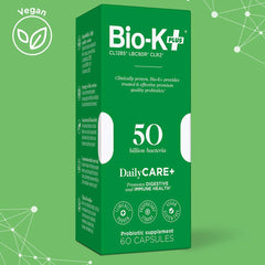 Bio-K Plus capsules close-up highlighting vegan, delayed-release formula