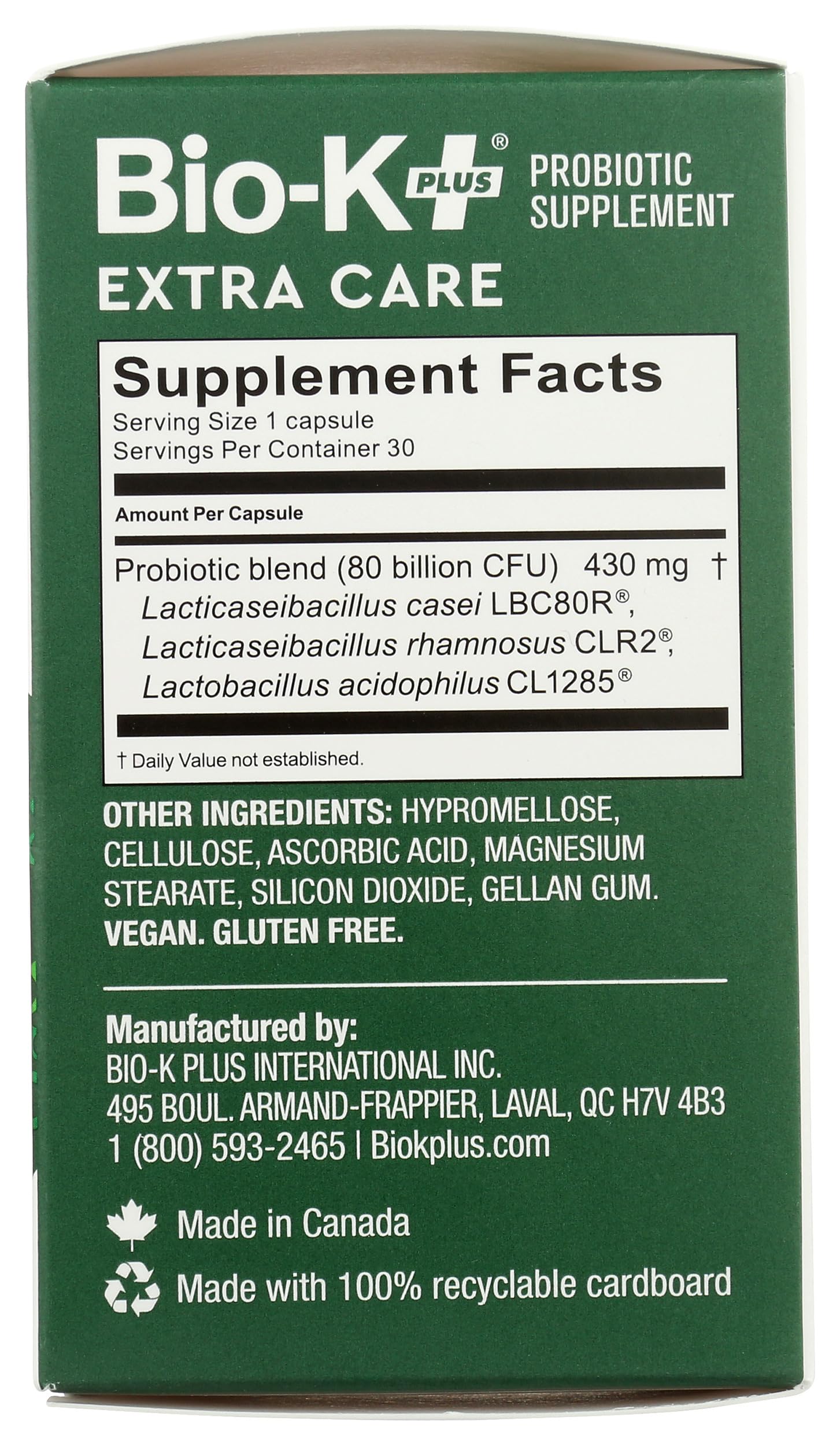Bio-K Plus vegan gluten-free packaging showcases plant-based probiotic option.
