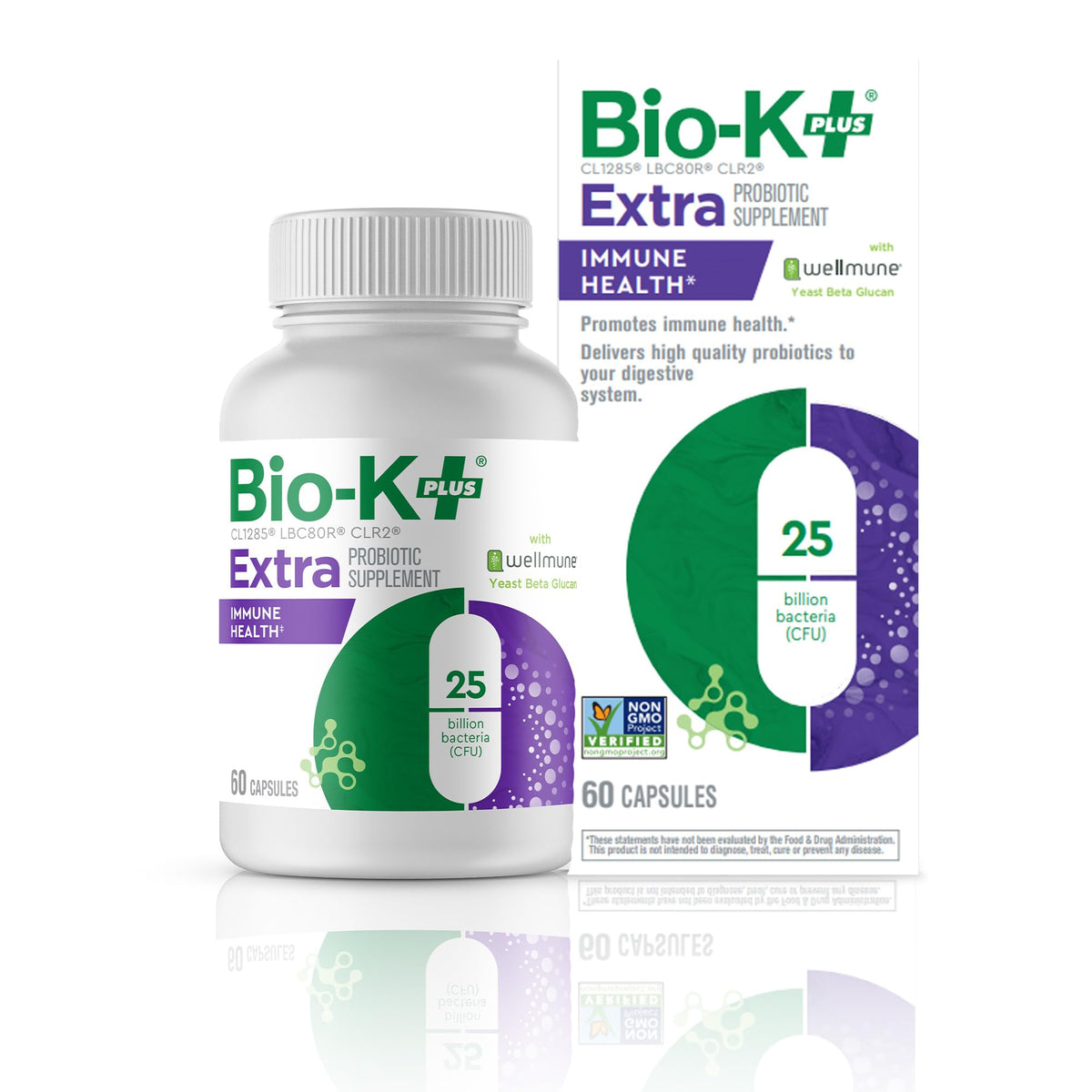 Bio-K+ vegan probiotic bottle with Wellmune for daily immune balance