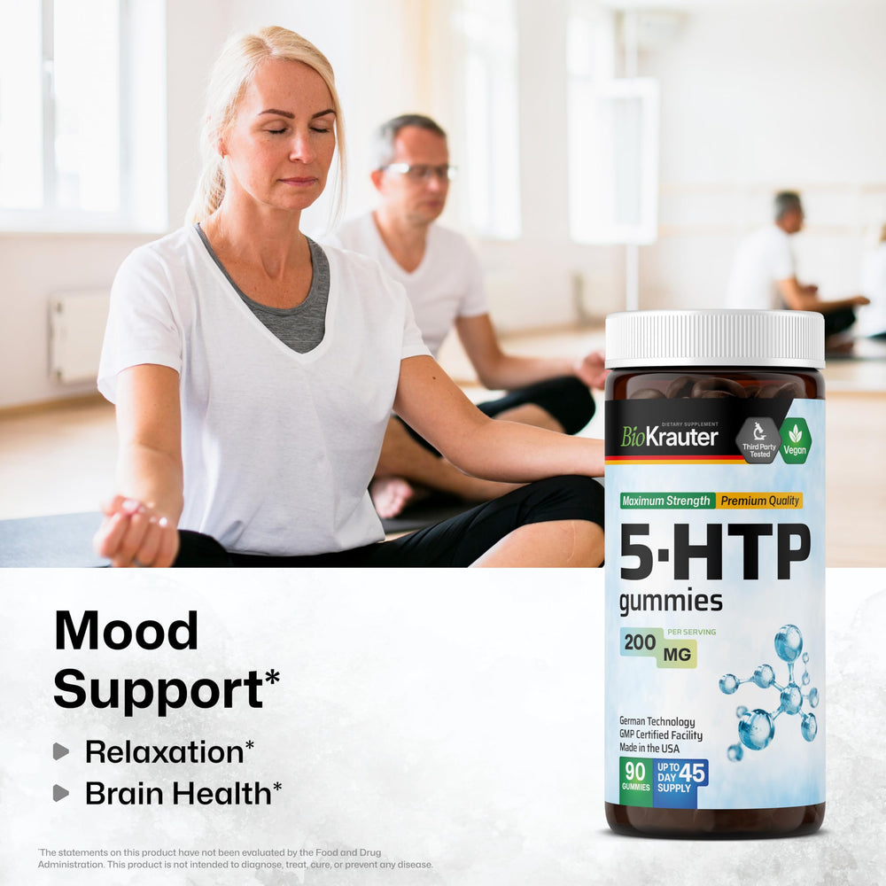 BIO KRAUTER 5-HTP bottle front showing easy daily calm support