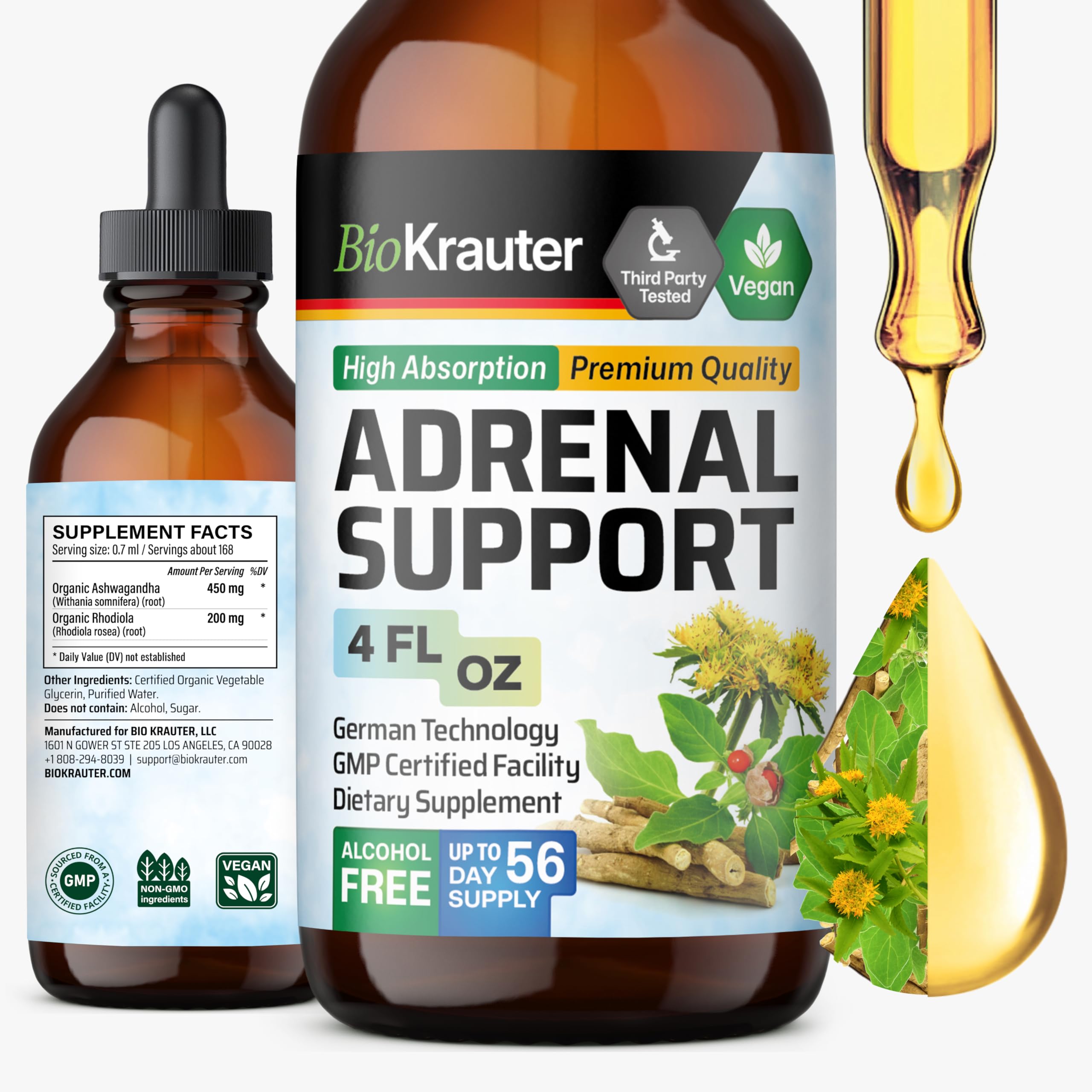 BIO KRAUTER Adrenal Support tincture bottle close-up for daily energy support.