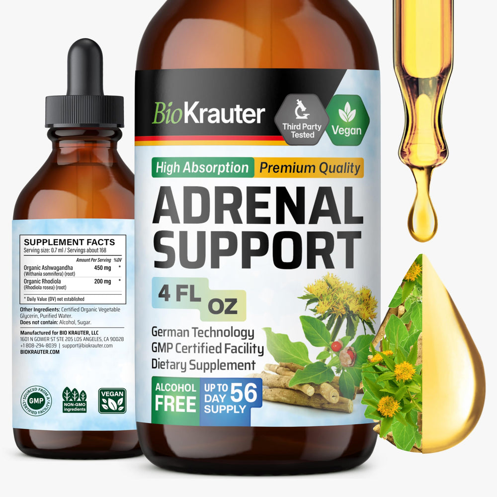 BIO KRAUTER Adrenal Support tincture bottle close-up for daily energy support.
