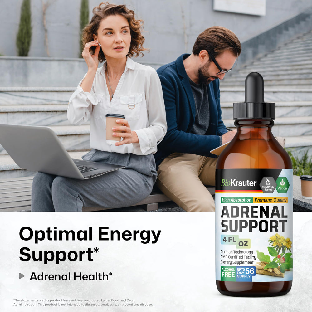 BIO KRAUTER Adrenal Support drops being poured into a glass for easy dosing.