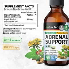 BIO KRAUTER ashwagandha rhodiola tincture glass highlighting herbal blend.