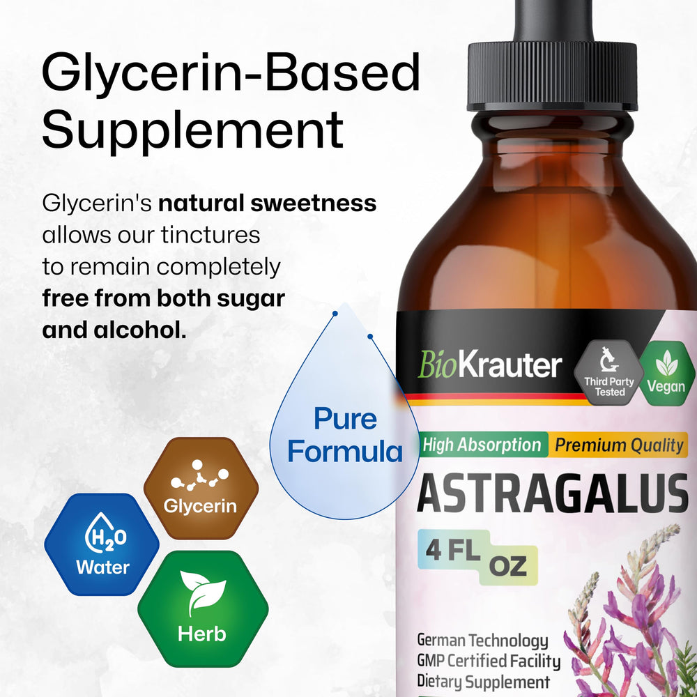 Vegan label on BIO KRAUTER Astragalus tincture highlighting alcohol-free formula