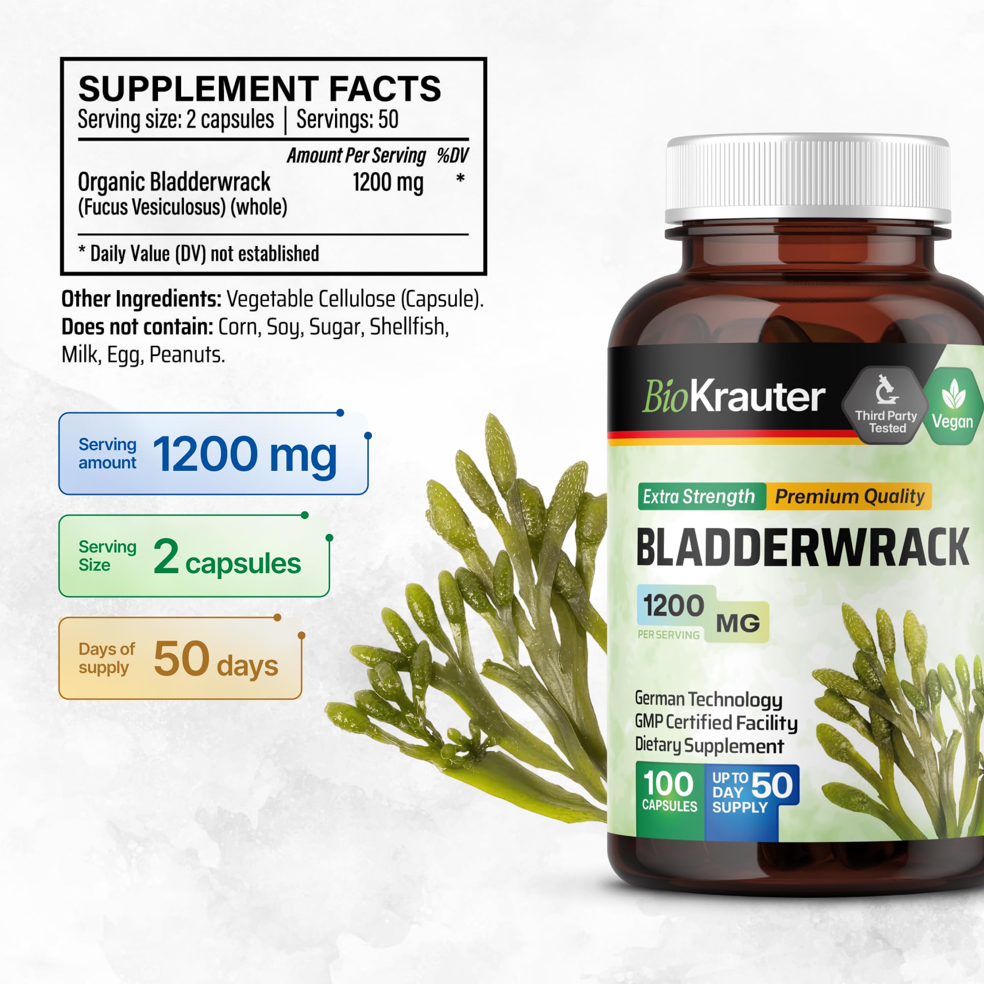 BIO KRAUTER bladderwrack powder capsules close up highlighting vegan formula
