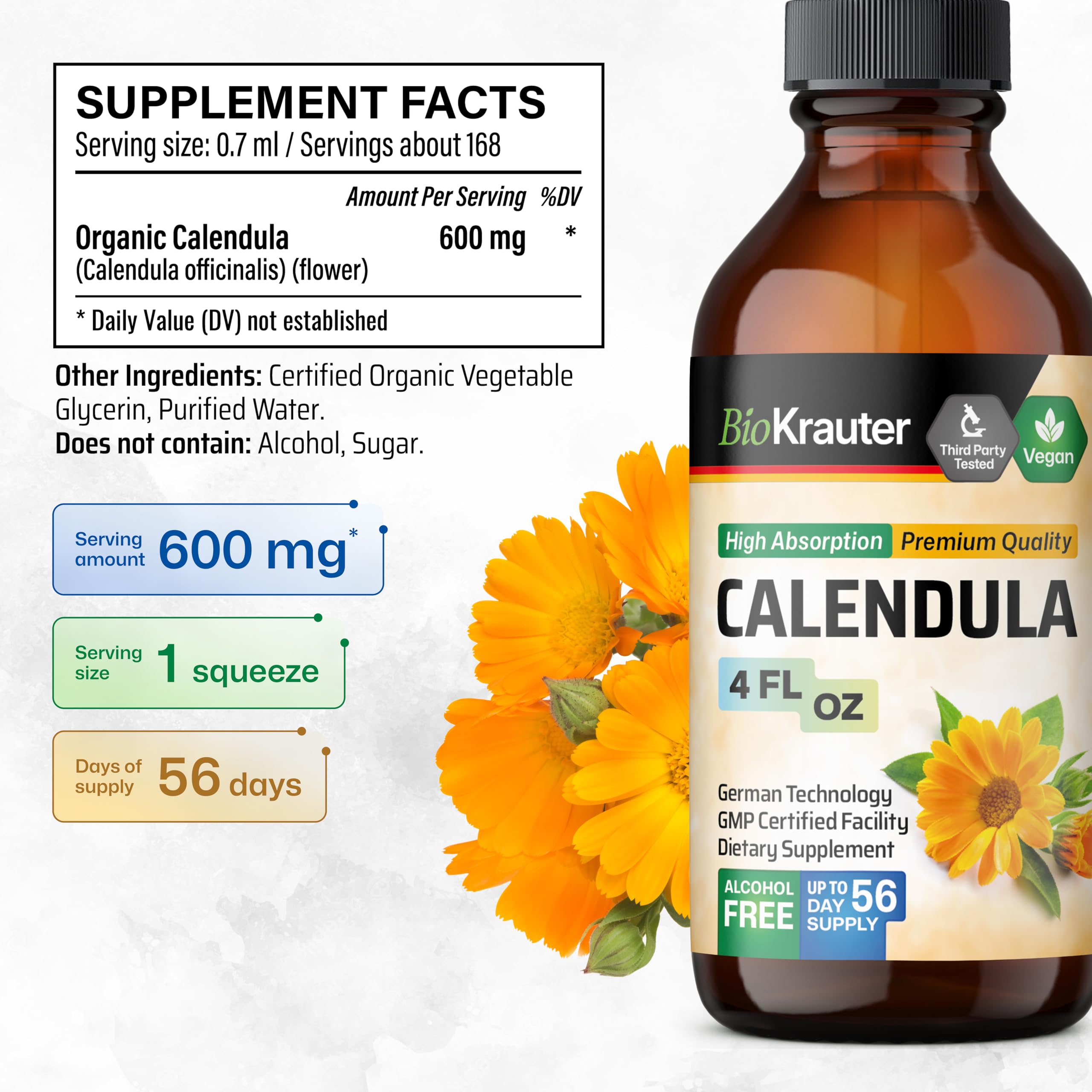 BIO KRAUTER calendula drops under tongue for quick, alcohol-free support.