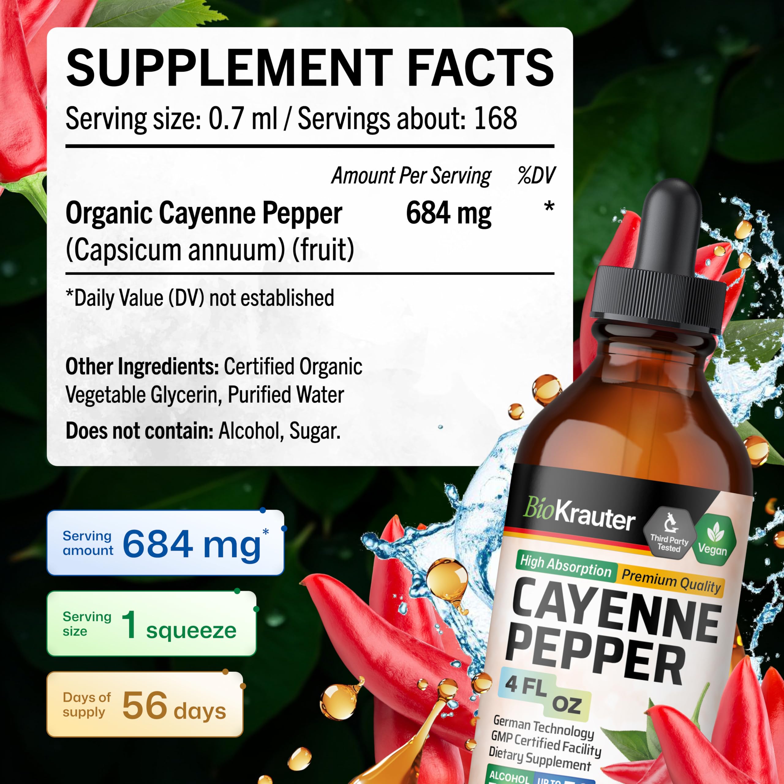 BIO KRAUTER Cayenne Drops ingredients list highlights simple components.
