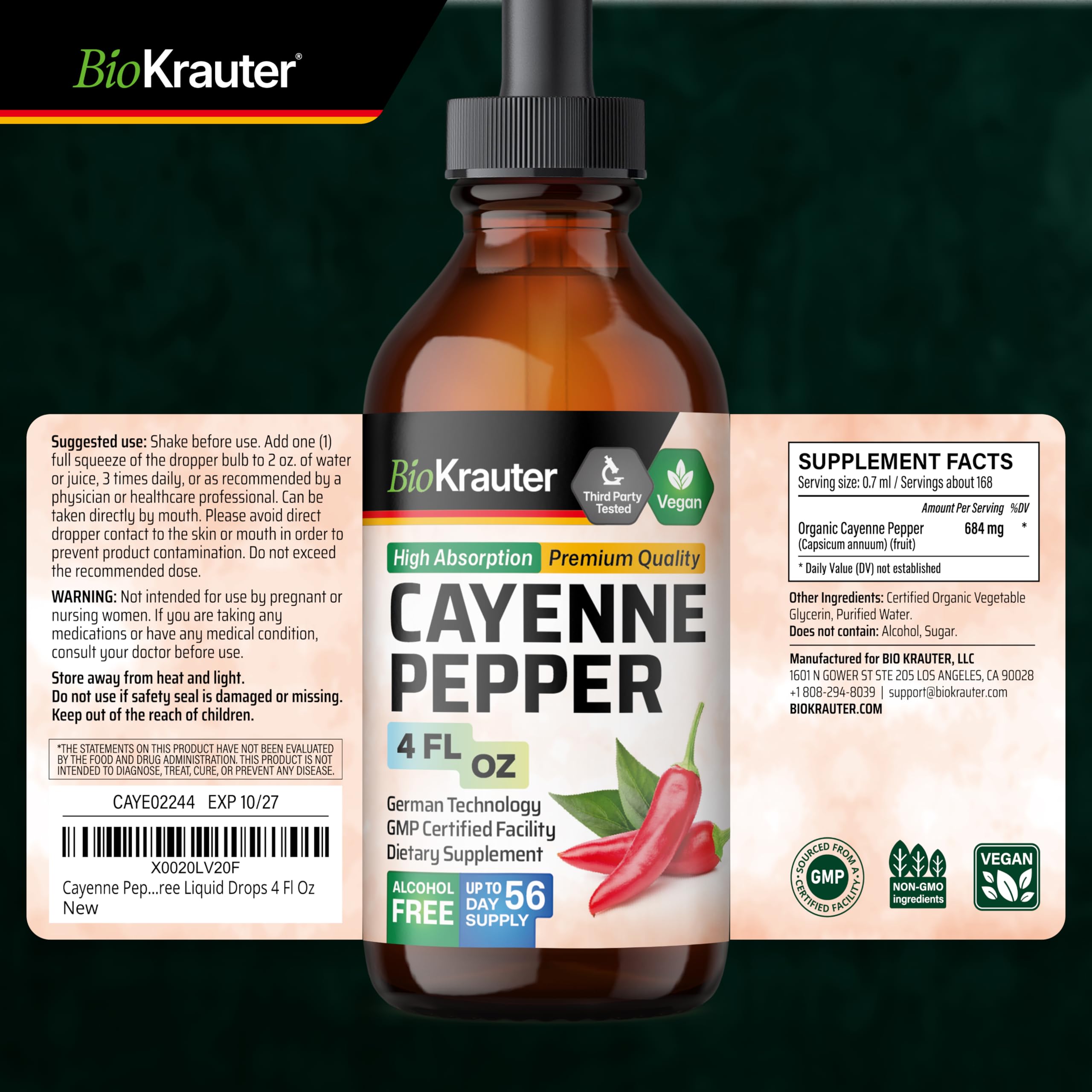 BIO KRAUTER Cayenne Drops packaging indicates a 56-day supply.