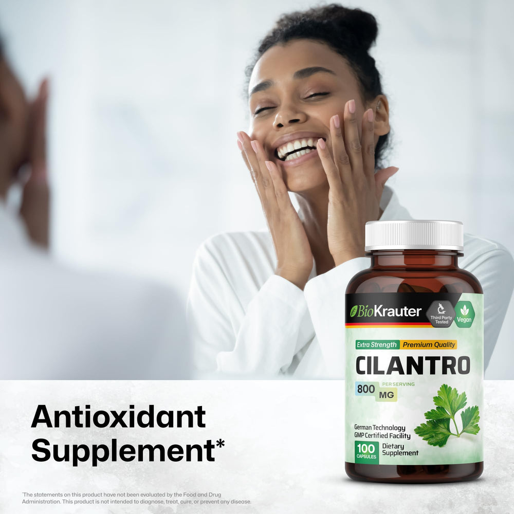 BIO KRAUTER Cilantro Capsules bottle cap, travel-friendly 25-day supply.