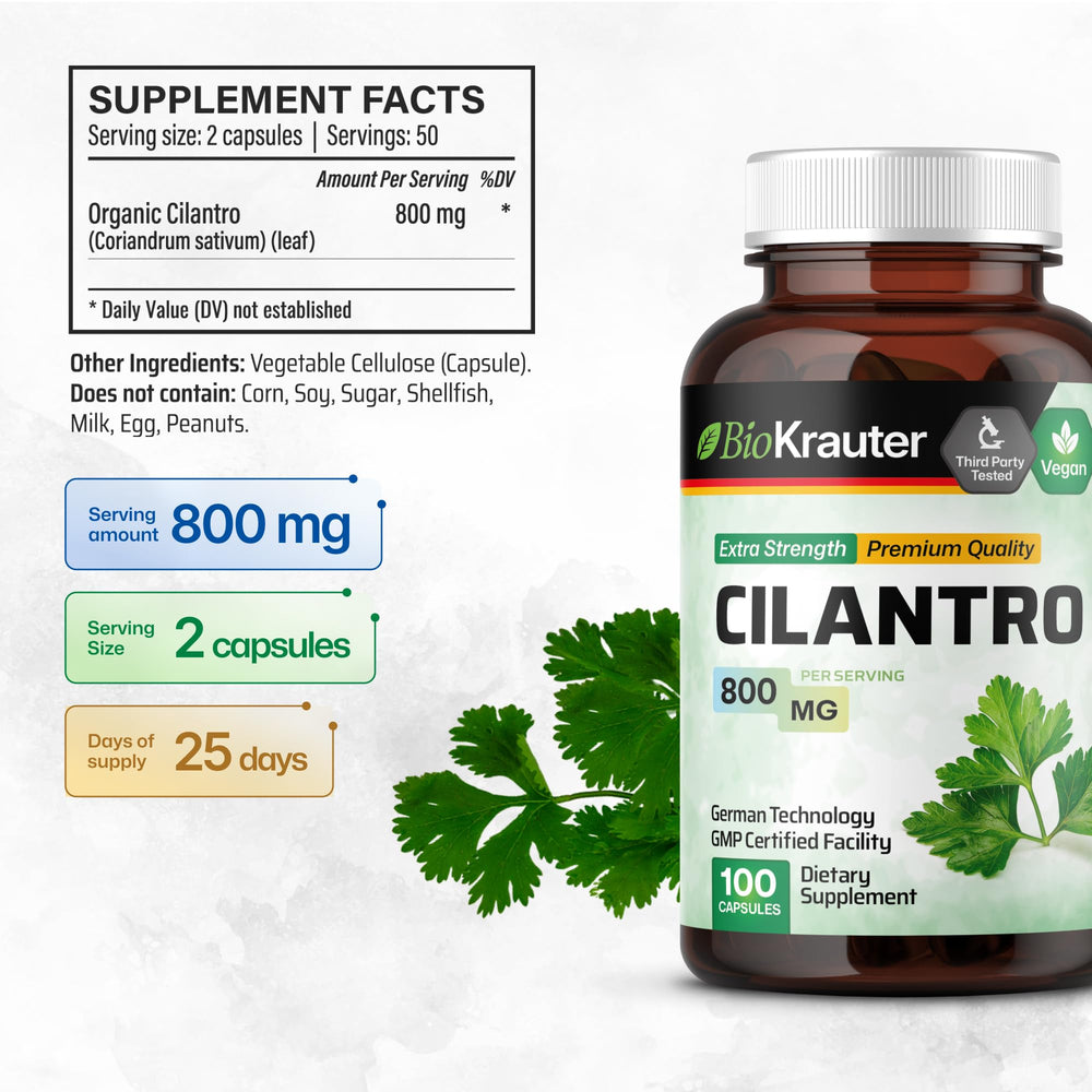 BIO KRAUTER Cilantro Capsules being poured with water after a meal.