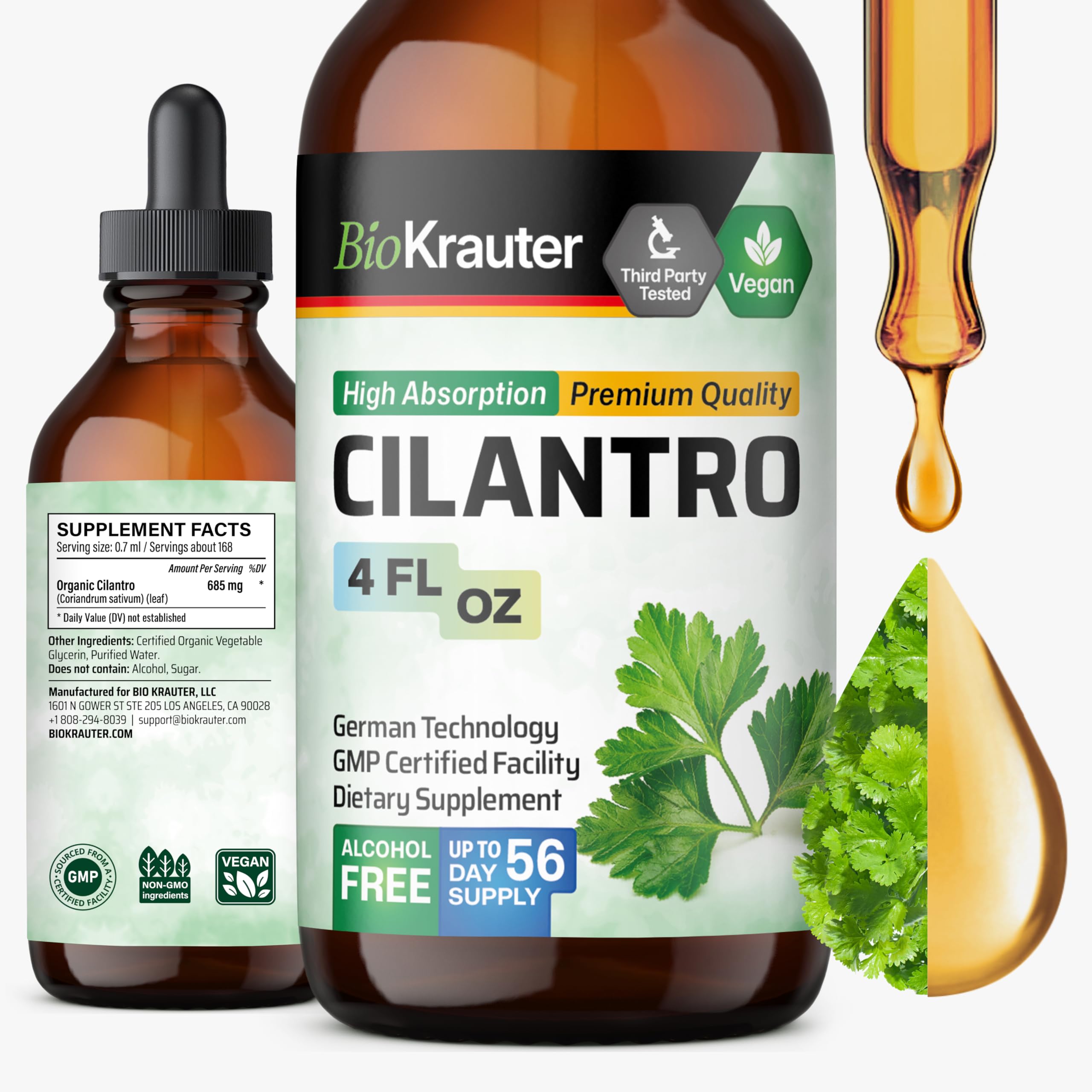 BIO KRAUTER Cilantro supplement bottle displaying antioxidant-rich tincture