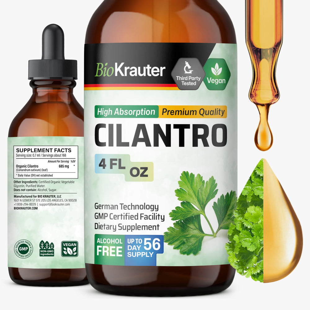 BIO KRAUTER Cilantro supplement bottle displaying antioxidant-rich tincture