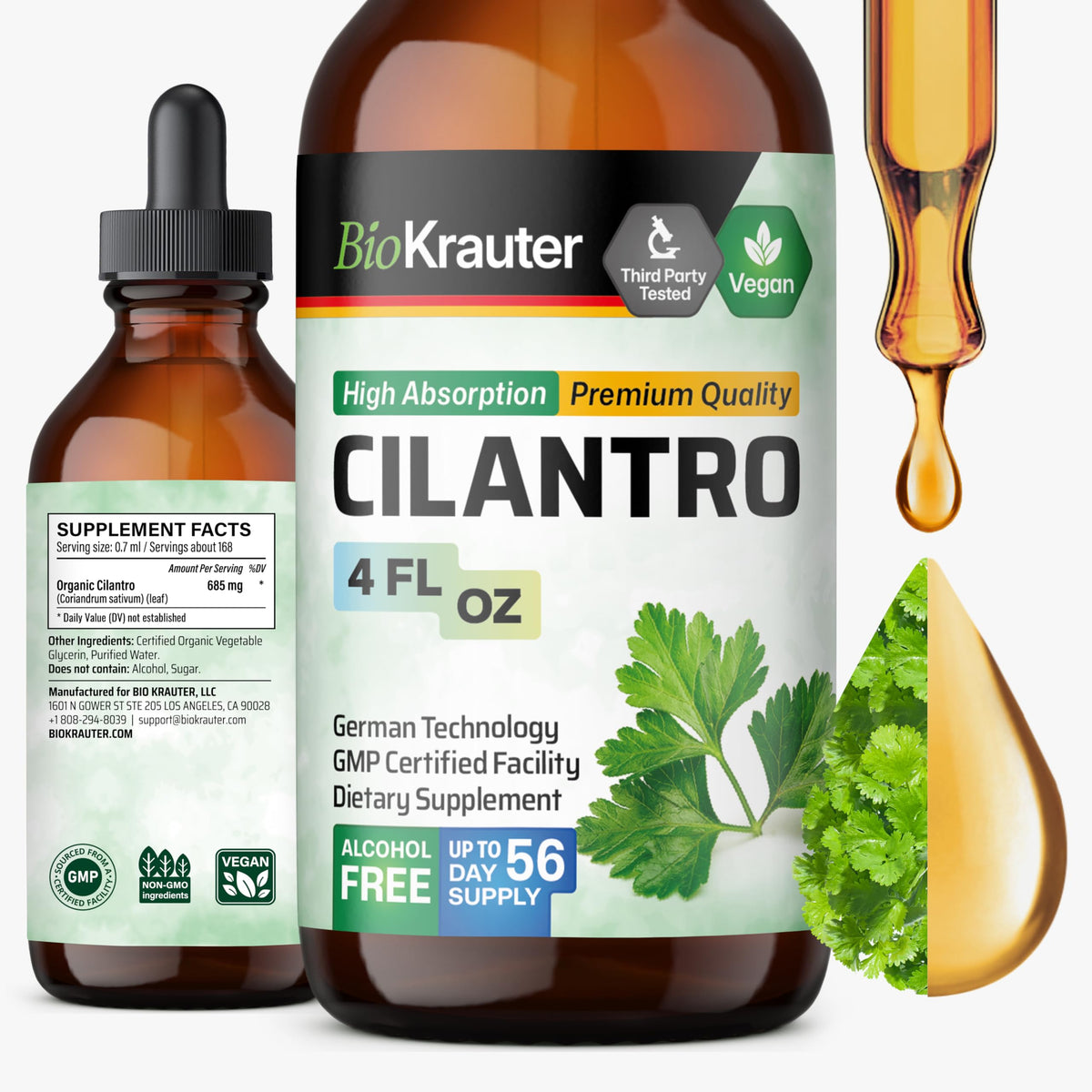 BIO KRAUTER Cilantro supplement bottle displaying antioxidant-rich tincture