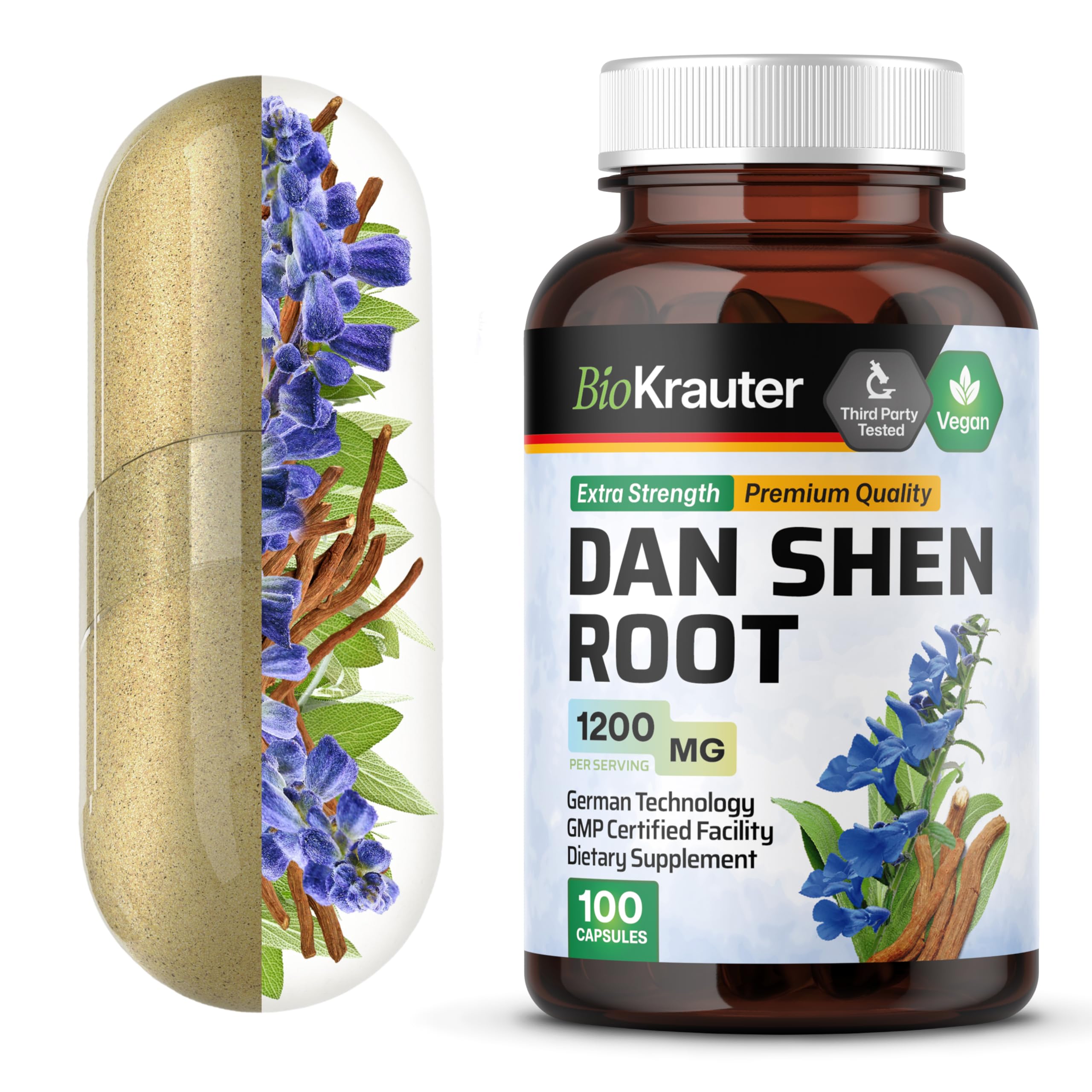 BIO KRAUTER Dan Shen root capsules bottle shows 1200 mg strength for daily use