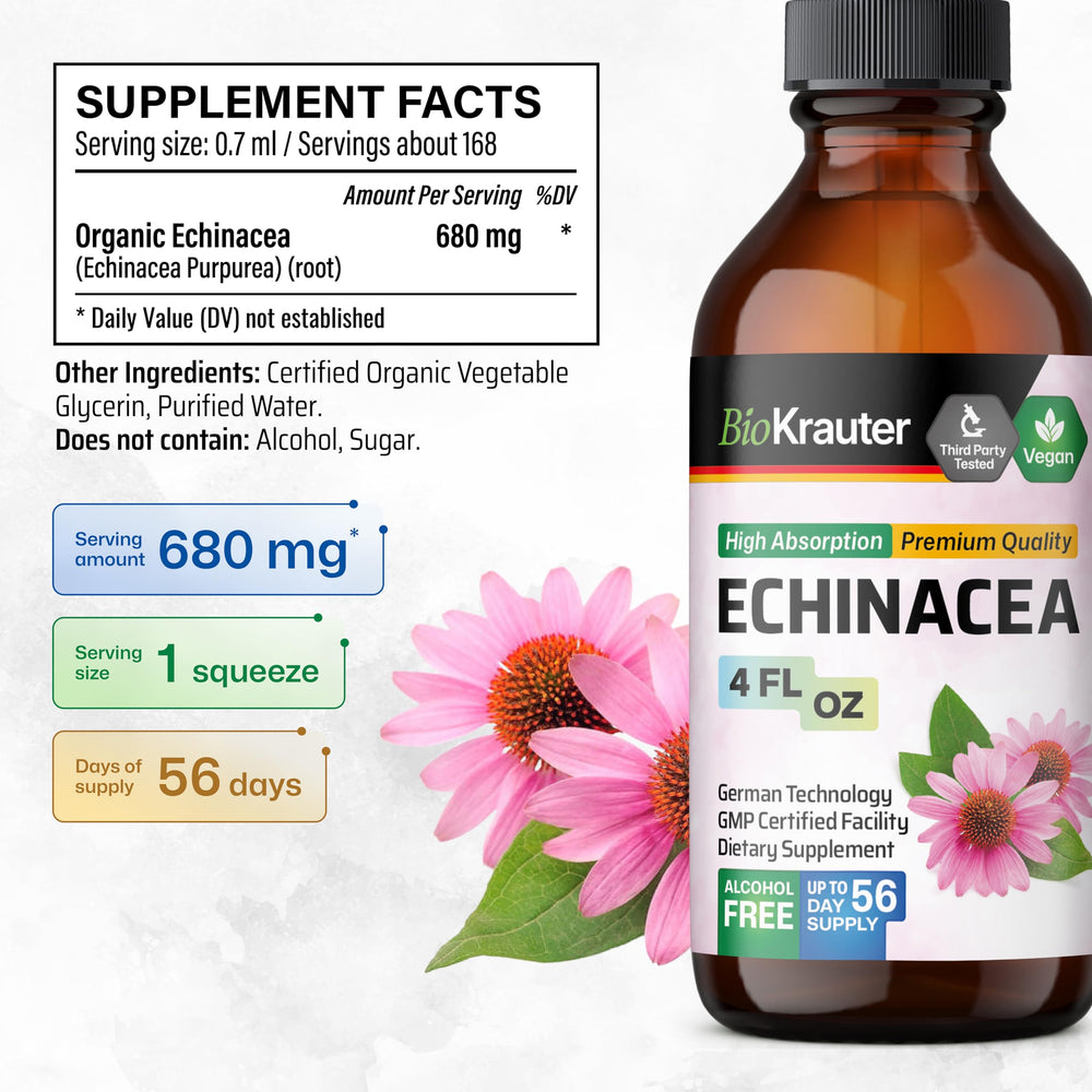 Close-up of BIO KRAUTER Echinacea Drops label highlighting vegan formula.