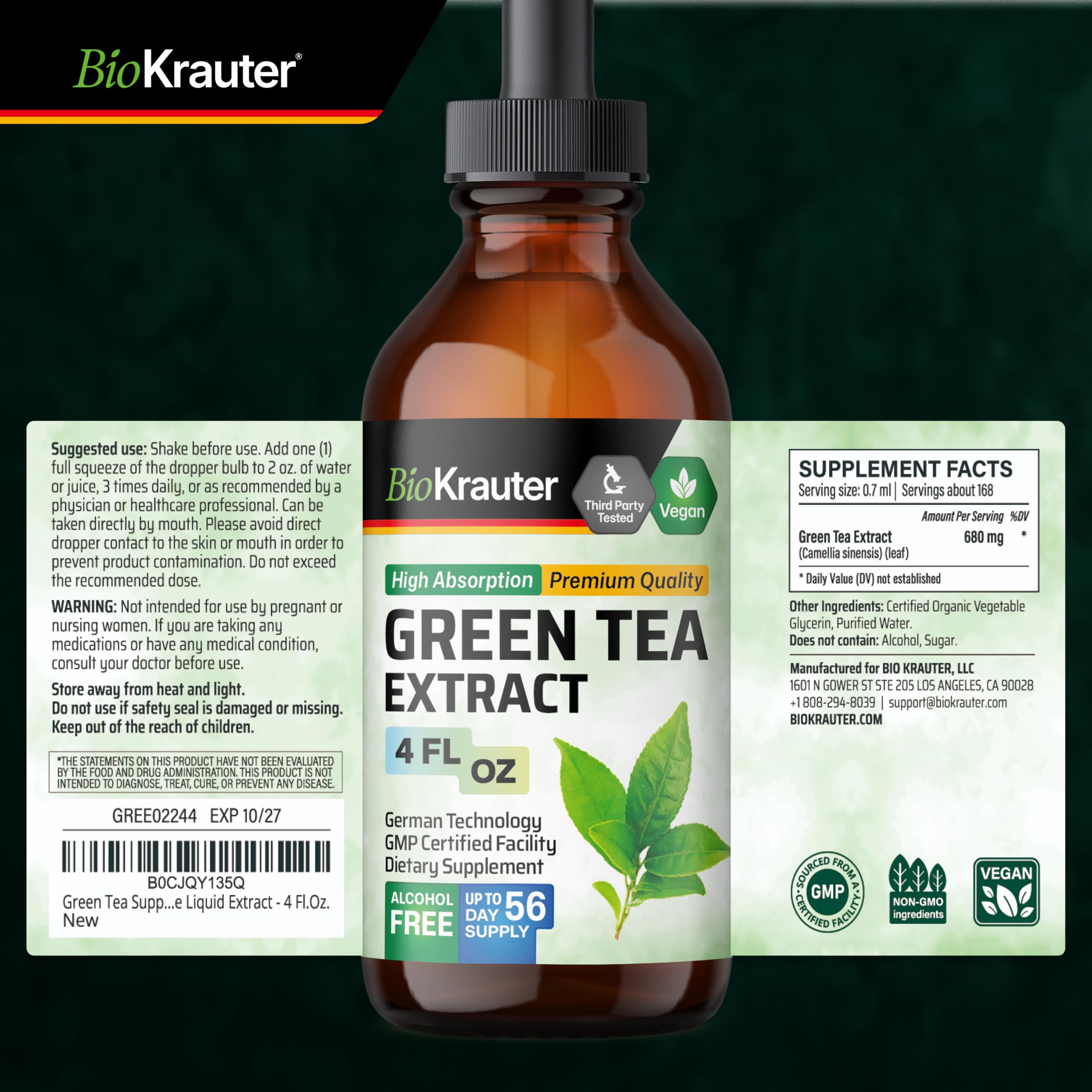 BIO KRAUTER Green Tea Extract packaging and ingredients emphasis.