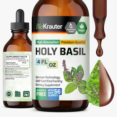 BIO KRAUTER Holy Basil tincture bottle shows vegan, alcohol-free formula for daily calm
