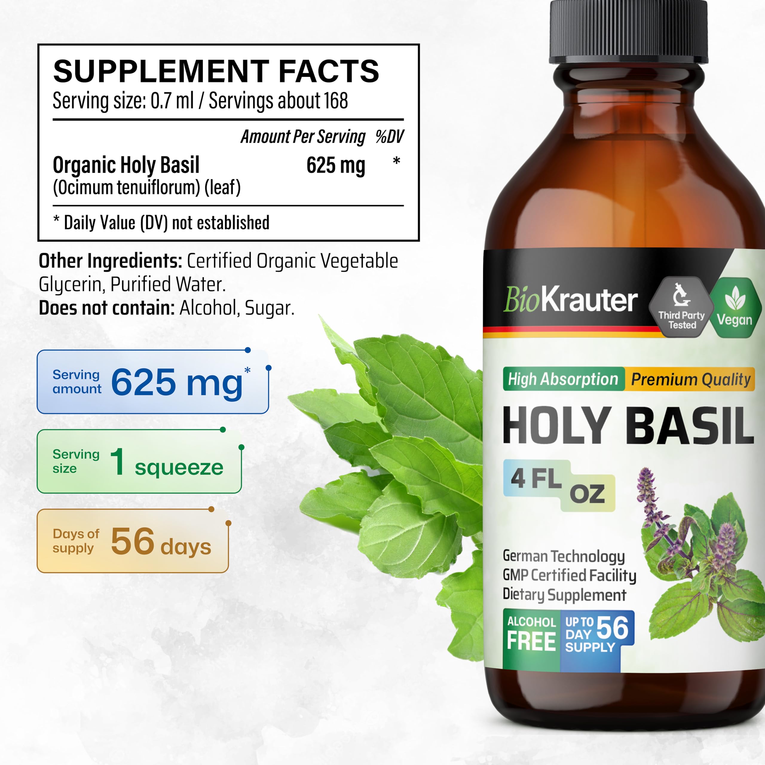 BIO KRAUTER Holy Basil tincture label close-up highlights a simple three-ingredient formula
