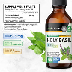 BIO KRAUTER Holy Basil tincture label close-up highlights a simple three-ingredient formula